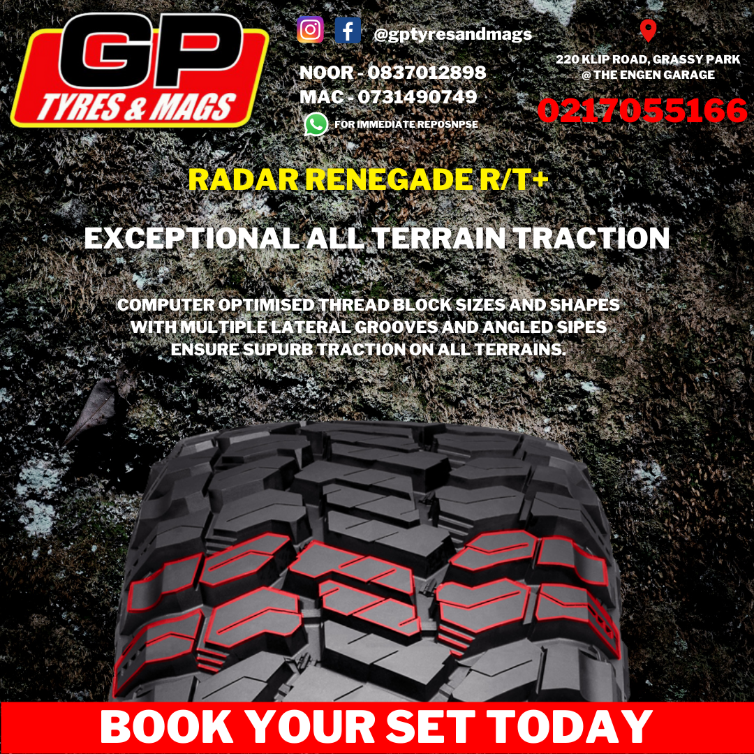 RADAR RENEGADE RT+ FEATURES: EXCEPTIONAL ALL TERRAIN TRACTION. COMPUTER OPTIMISED THREAD BLOCK SIZES AND SHAPES WITH MULTIPLE LATERAL GROOVES AND ANGLED SIPES ENSURE SUPURB TRACTION ON ALL TERRAINS.