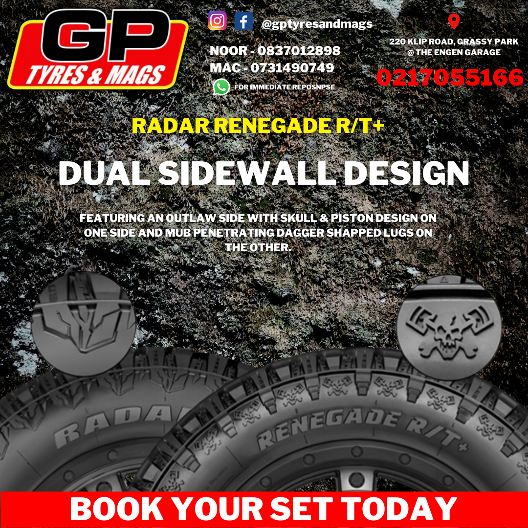 RADAR RENEGADE RT+ FEATURES: DUAL SIDEWALL DESIGN. FEATURING AN OUTLAW SIDE WITH SKULL & PISTON DESIGN ON ONE SIDE AND MUB PENETRATING DAGGER SHAPPED LUGS ON THE OTHER.